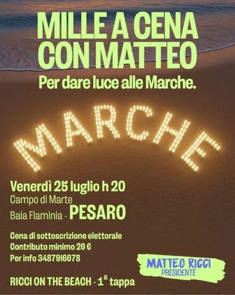 ‘Ricci on the beach’, il tour dedicato alle coste parte da Pesaro con l’evento ‘Mille a cena con Matteo’